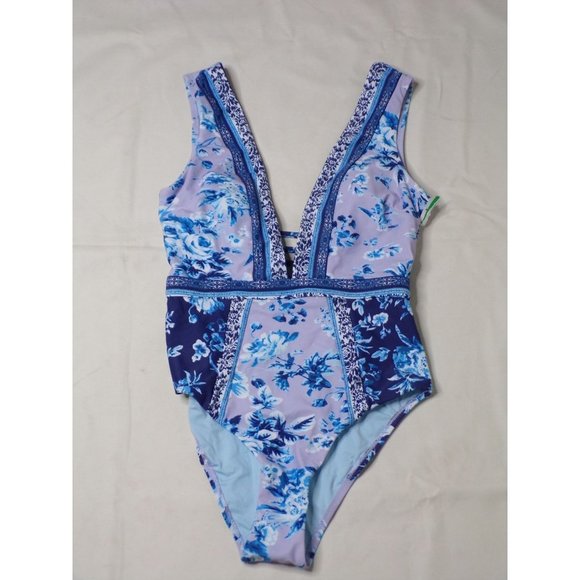 NANETTE LEPORE Priya Plunge Lavendar Trails Floral One Piece Swimsuit 6 NEW - Picture 3 of 8